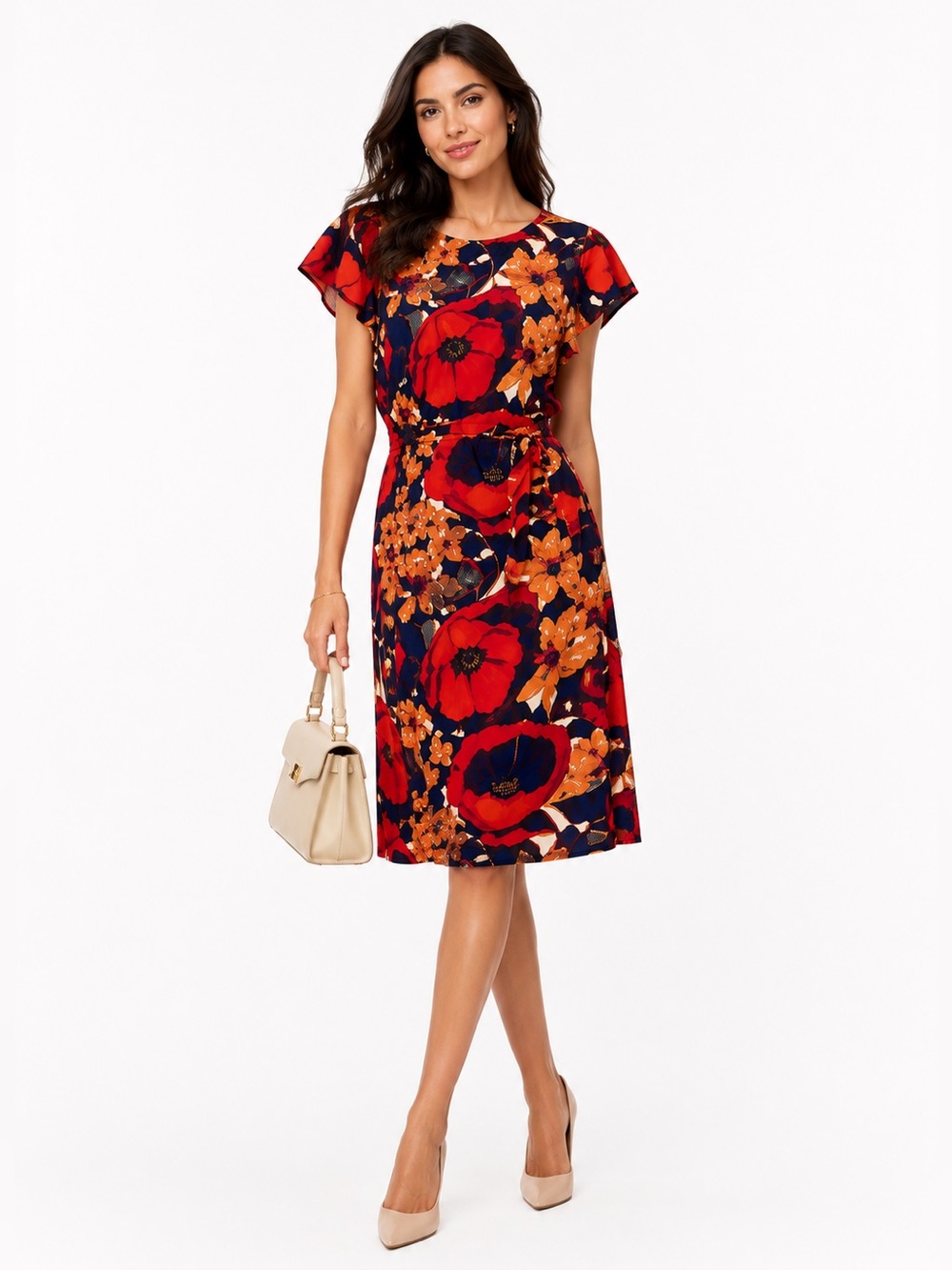 LOFT Red and Blue Casual Midi Dress with Crew Neck